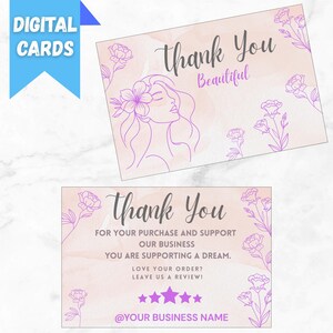 Puede incluir: Dos tarjetas de agradecimiento digitales con fondo de acuarela. Una tarjeta presenta el perfil de una mujer con acentos florales y las palabras "Thank You Beautiful". La otra tarjeta dice "Thank You" e incluye un mensaje de agradecimiento y una solicitud de reseña.