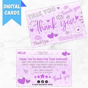 Puede incluir: Dos tarjetas digitales de agradecimiento con fondo lila claro y detalles de corazones. Las tarjetas presentan las palabras "Thank You" en varias fuentes. Una tarjeta tiene el texto "DIGITAL CARDS" en una pancarta azul.
