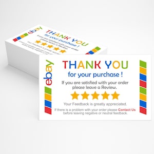 Puede incluir: Tarjetas de agradecimiento blancas con el logotipo de eBay y texto en rojo, azul, verde y amarillo. Las tarjetas dicen "¡GRACIAS por tu compra!" y piden a los clientes que dejen una reseña. Se ve una pila de tarjetas.