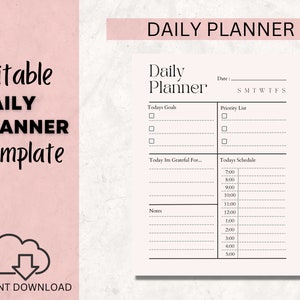 Editable Daily Planner Printable | Daily Checklist | Daily Organizer | Chore List | Productivity Planner for Work | Work Day Diary