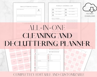 May include: Printable cleaning and decluttering planner with sections for daily, weekly, and monthly chores, as well as a family chores list and decluttering goals. The planner is completely editable and customizable.