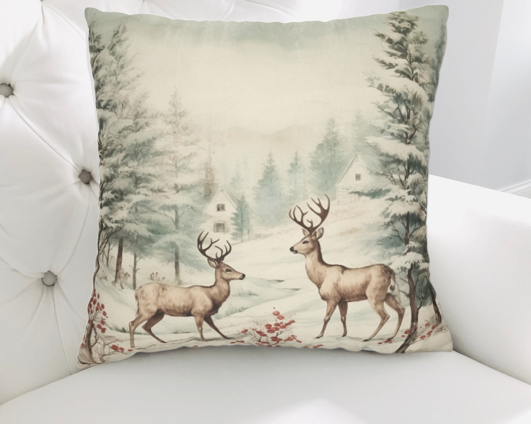 Vintage Christmas Pillow Cover Vintage Deer Shabby Chic Etsy