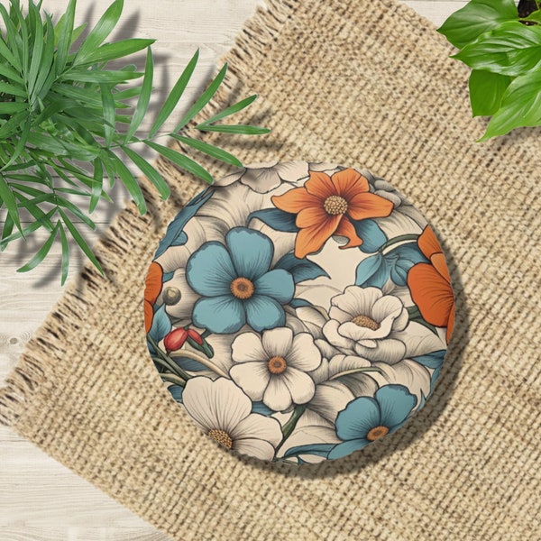 Floral Floor Pillow, Round Floor Pillow, Pet Bed, Dog Cat Bed, Boho Floor Cushion, Mid Century Modern, Floor Cushion, Retro Floral Pillow