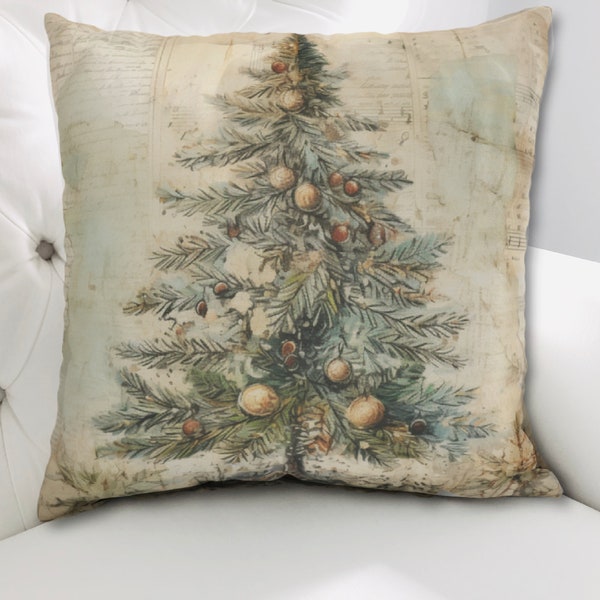 Vintage Christmas Pillow Cover, Vintage Style, Shabby Chic Christmas, Christmas Tree, Pillow Case, Home Decor 14x14, 16x16, 18x18, 20x20