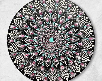 Turquoise & Pink Hand-Painted Mandala – 40cm Vibrant Wall Decor