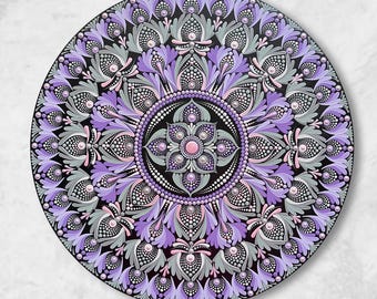 Purple & Green Mandala Wall Art – Hand-Painted Round Wooden Decor, 40cm