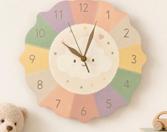 Wandklok Cloud kinderkamer, handgeschilderd kinderkamerdecor in stille pastelkleur