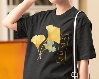 Japanese Aesthetic Ginkgo Leaf Shirt, Minimalistic Graphic Tee, Japanese Casual Streetwear Shirt