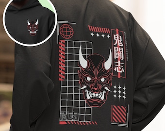 Japanese Aesthetic Oni Mask Hoodie, Hannya Mask Hoodie, Minimalistic Graphic Hoodie, Japanese Retro Casual Streetwear, Kanji Print