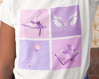 Aesthetic Shoujo Anime Shirt, Pastel Pink Purple Magical Girl Collage T-Shirt, Cute Kawaii Clothing, Star and Moon Harajuku Streetwear