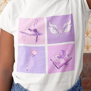 Aesthetic Shoujo Anime Shirt, Pastel Pink Purple Magical Girl Collage T-Shirt, Cute Kawaii Clothing, Star and Moon Harajuku Streetwear