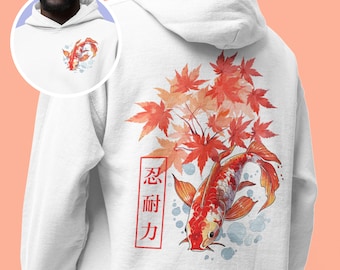 Japanese Aesthetic Koi Fish Zen Hoodie, Minimalistic Graphic Hooded Sweatshirt, Japanese Casual Streetwear, Kanji Print