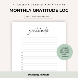 Monthly Gratitude Log Printable, Monthly Gratitude List, Happy Planner Gratitude Insert, Bullet Journal Gratitude Printable, Planner Insert