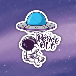 Vinilo troquelado con la palabra "Astronaut Peace Out" para interior y exterior, adhesivo para MacBook, ThinkPad, ordenador portátil, botella de agua o cuaderno