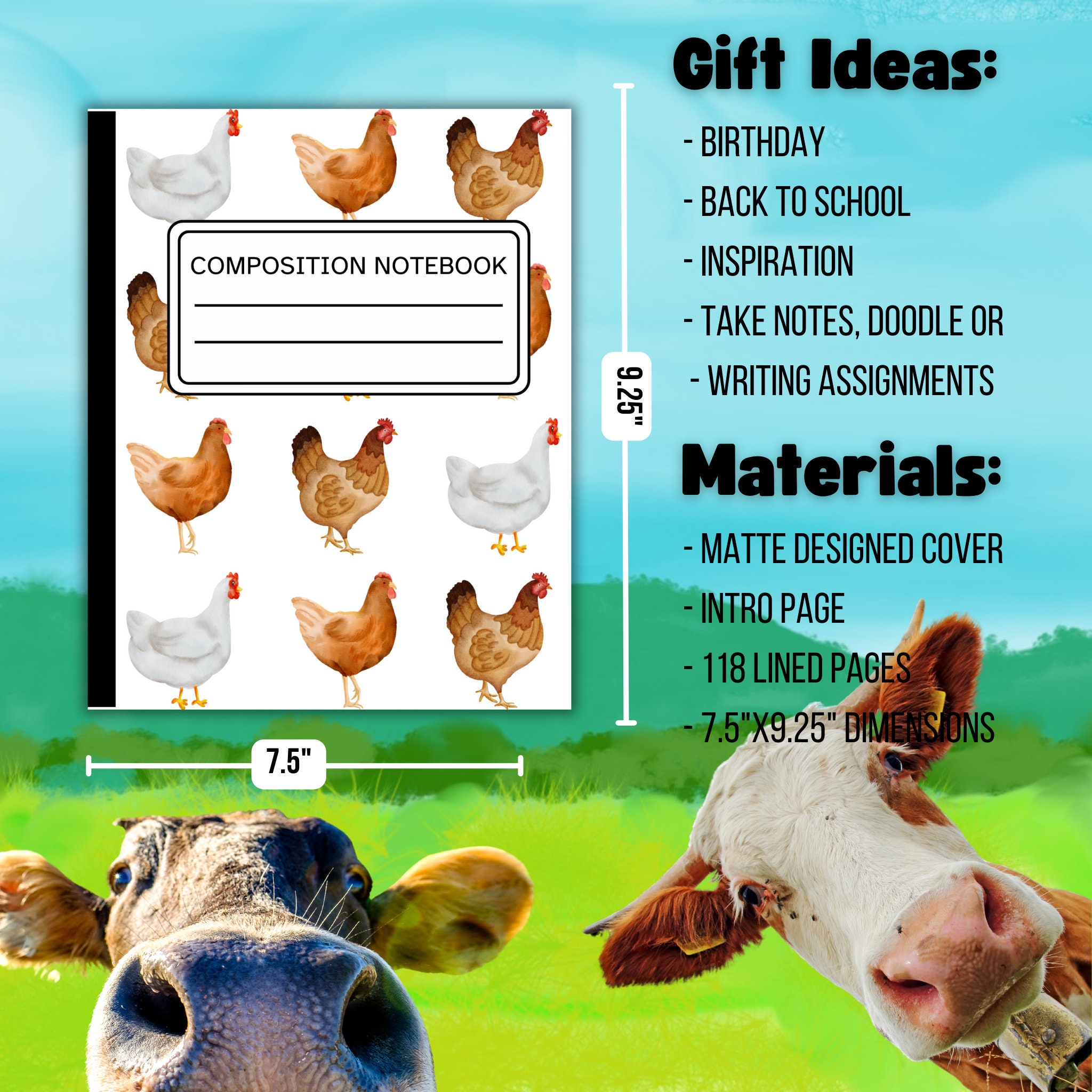 Farm Animal Composition Notebook for Kids Teens or Adults College Rule ...