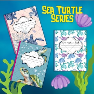May include: Three composition books with sea turtle designs. The covers feature a quilted pattern and a label that says "composition book". The books are part of a "Sea Turtle Series".