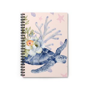 May include: A watercolor illustration of a blue sea turtle swimming with coral and flowers on a pink background.