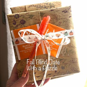 May include: A square package wrapped in brown paper with a botanical print, tied with a ribbon featuring small pumpkin illustrations. Two orange tea packets labeled Black Tea Mango and a glittery orange pen are attached to the front of the package.