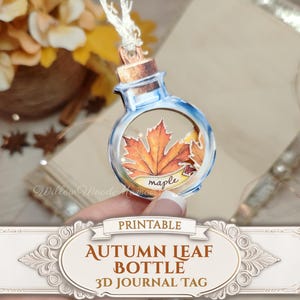 May include: A clear, round bottle-shaped journal tag with a cork top, featuring a vibrant orange maple leaf design. The tag has the words "maple" and "Autumn Leaf Bottle 3D Journal Tag" printed on it. The tag is held by a hand.