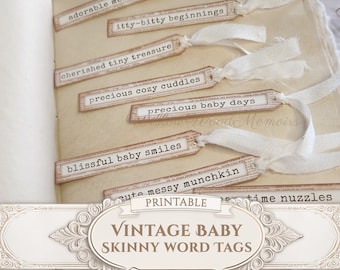 Vintage Baby Neutral Skinny Word Tags Baby Shower Junk Journal Kit Embellishment Ephemera Scrapbook Keepsake Gift Printable Digital Download