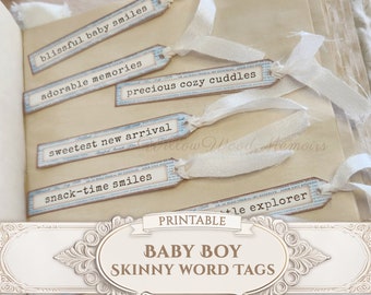 Baby Boy Blue Skinny Word Tags Baby Shower Junk Journal Words Kit Embellishments Ephemera Scrapbook Keepsake Gift Printable Digital Download
