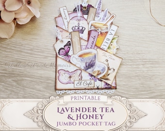 Junk Journal Jumbo Stuffed Pocket Tag Loaded Envelope Tag Kit Lavender Tea Honey Purple Bee Ephemera Scrapbook Printable Digital Download