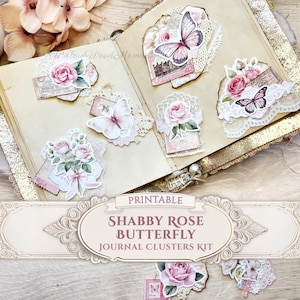 Printable Shabby Pink Junk Journal Snippet Clusters Ephemera Download Pastel Butterfly Junk Journal Kit Victorian Rose Junk Journal Digis