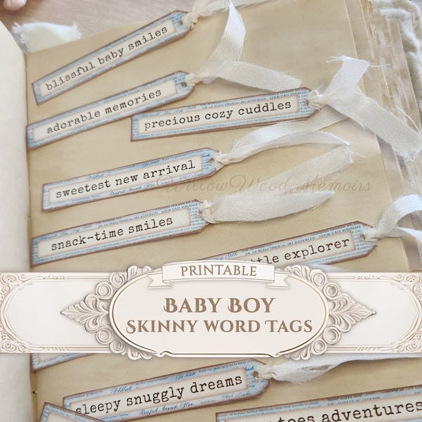 Baby Boy Blue Skinny Word Tags Baby Shower Junk Journal Words Kit Embellishments Ephemera Scrapbook Keepsake Gift Printable Digital Download