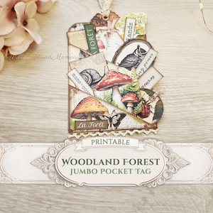 Junk Journal Jumbo Stuffed Pocket Tag Loaded Envelope Tag Kit Woodland Mushroom Vintage Forest Ephemera Scrapbook Printable Digital Download