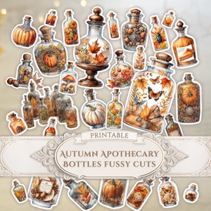 Junk Journal Autumn Fall Apothecary Bottles Herbalist Fussy Cuts Scrapbook Card Making Ephemera Cricut Printable Stickers Digital Download