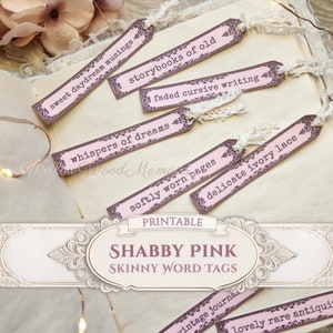 Shabby Chic Pink Skinny Word Tags Vintage Inspirational Junk Journal Words Kit Whimsical Charming Printable Embellishments Digital Download