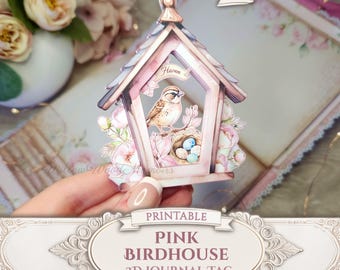 3D Cricut Tag for Shabby Pink Junk Journal Ephemera Gift Tag Pink Birdhouse Nest Layered Frame Tag Digi Kit Printable