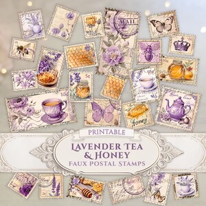 Junk Journal Faux Postal Mail Stamps Lavender Tea Honey Purple Lilac Bee Butterfly Ephemera Vintage Scrapbook Printable Digital Download