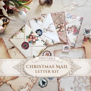 Sobres navideños, kit para cartas, papelería, sobres de papel vintage de invierno, manualidades, regalo, calcetines, imprimible, descarga digital