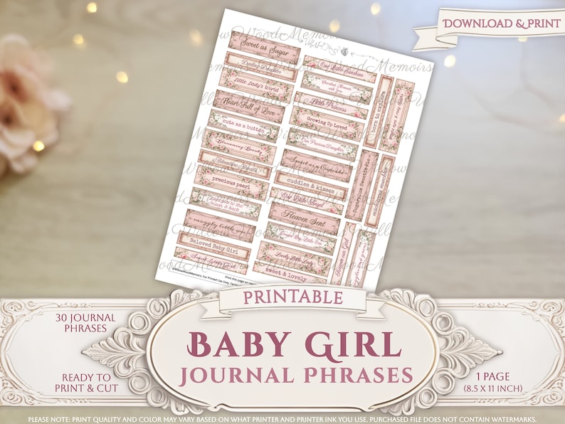 Baby Girl Junk Journal Phrases Printable Baby Words Vintage Pink Baby ...