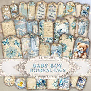 Baby Boy Blue Junk Journal Printable Tags Vintage Shabby Baby Shower Keepsake Scrapbook Journal Ephemera Kit Gift for Mom Digital Download