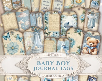 Baby Boy Blue Junk Journal Printable Tags Vintage Shabby Baby Shower Keepsake Scrapbook Journal Ephemera Kit Gift for Mom Digital Download