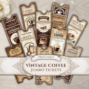Könnte beinhalten: Eine Sammlung von Kaffee-Tickets im Vintage-Stil in Braun- und Beigetönen. Die Tickets zeigen Illustrationen von Kaffeetassen, Kaffeekannen und Kaffeebohnen. Der Text enthält "Vintage Coffee Jumbo Tickets" und verschiedene Kaffeebegriffe.