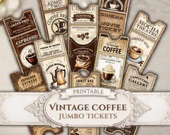 Coffee Lover Digitals Junk Journal Tickets Vintage Coffee Ephemera Pack Cafe Latte Printable Kit Jumbo Tickets for Journaling Scrapbooking