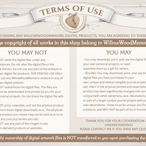 May include: A digital terms of use document with a beige background and brown text. The header reads TERMS OF USE with a heart icon. It lists restrictions under YOU MAY NOT and permissions under YOU MAY, including copyright details for WillowWoodMemoirs.