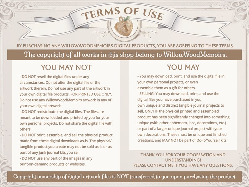 May include: A digital terms of use document with a beige background and brown text. The header reads TERMS OF USE with a heart icon. It lists restrictions under YOU MAY NOT and permissions under YOU MAY, including copyright details for WillowWoodMemoirs.