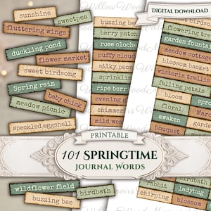Könnte beinhalten: Ein digitaler Download mit 101 Frühlings-Journalwörtern. Die Wörter sind auf rechteckigen Etiketten mit Vintage-Ästhetik in Grün-, Braun- und Cremetönen gedruckt. Das Bild enthält Wörter wie "Sonnenschein", "Duftwicke" und "Blütenkorb".