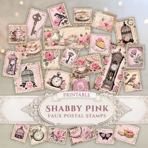 Junk-Journal Faux Postal Mail Briefmarken Vintage Shabby Chic rosa Rosen Blumen Stempel Uhren Ephemera Scraps Sammelalbum druckbare digitaler Download