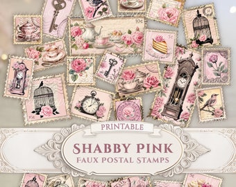 Skräppostdagbok, falska postfrimärken, vintage shabby chic, rosa rosor, blommiga stämplar, klockor, ephemera-klipp, klippbok, utskrivbar digital nedladdning