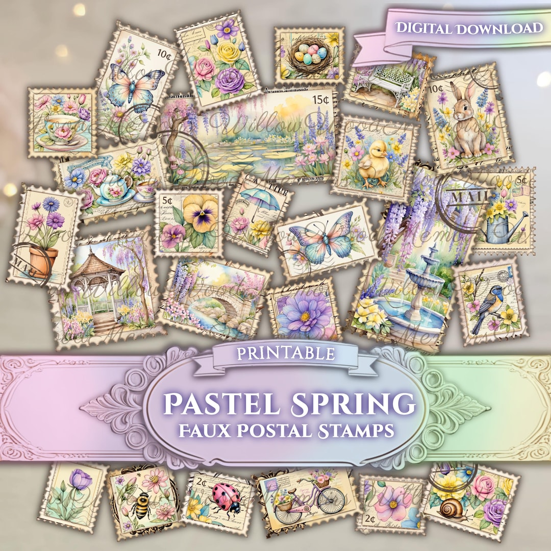 Postal Spring Pastel Spring Junk Journal Faux Postal Mail Stamps Spring Ephemera ...