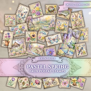 Puede incluir: Una colección de sellos postales falsos en colores pastel con diseños florales, de mariposas y paisajes. Los sellos presentan textos como "Willow", "Printable" y "Pastel Spring". También son visibles las palabras "Digital Download".
