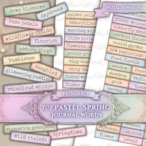 Könnte beinhalten: Eine Sammlung pastellfarbener rechteckiger Etiketten mit Sätzen wie "dewy blossoms" und "wildflower fields". Das Bild enthält den Text "101 Pastel Spring Journal Words" und "Printable."