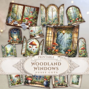 Enchanted Forest Woodland Junk Journal Fussy Cuts Mushrooms Whimsical Magical Windows Ephemera Cricut Printable Stickers Digital Download
