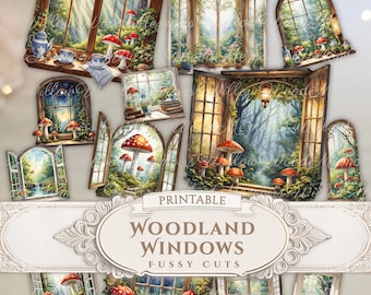 Enchanted Forest Woodland Junk Journal Fussy Cuts Mushrooms Whimsical Magical Windows Ephemera Cricut Printable Stickers Digital Download