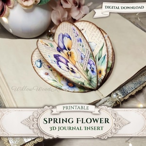 May include: A 3D journal insert featuring layered paper cutouts of pansies and spring flowers with text elements. The design includes a beetle illustration and the words Spring and Florals & Blooms. A banner at the top reads DIGITAL DOWNLOAD.